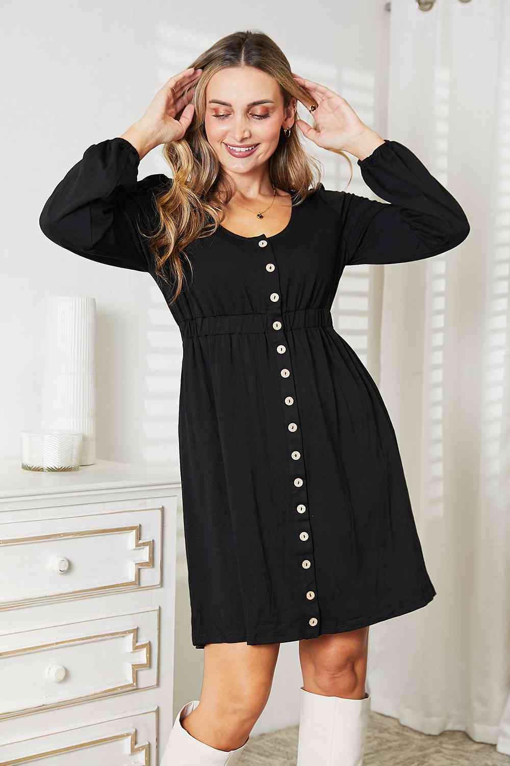 Double Take Scoop Neck Empire Waist Long Sleeve Magic Women Dress