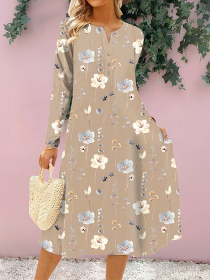 Floral Notched Long Sleeve Midi Women Dress