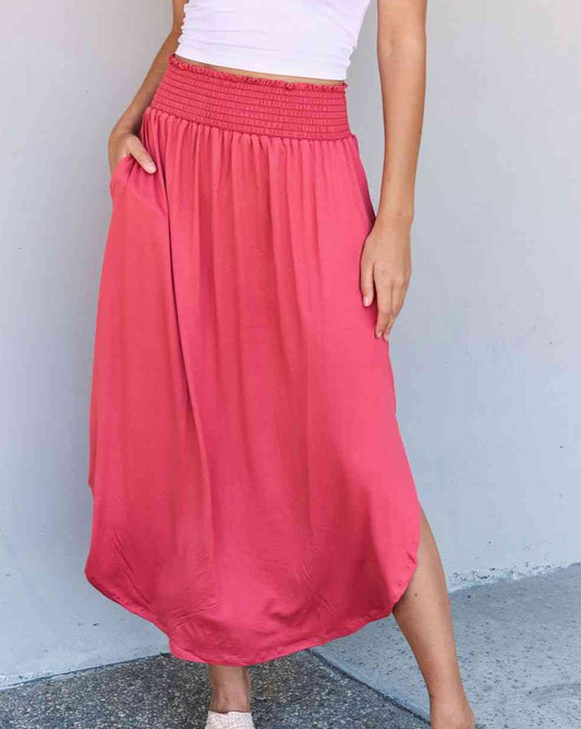 Doublju Comfort Princess Full Size High Waist Scoop Hem Women Maxi Skirt in Hot Pink