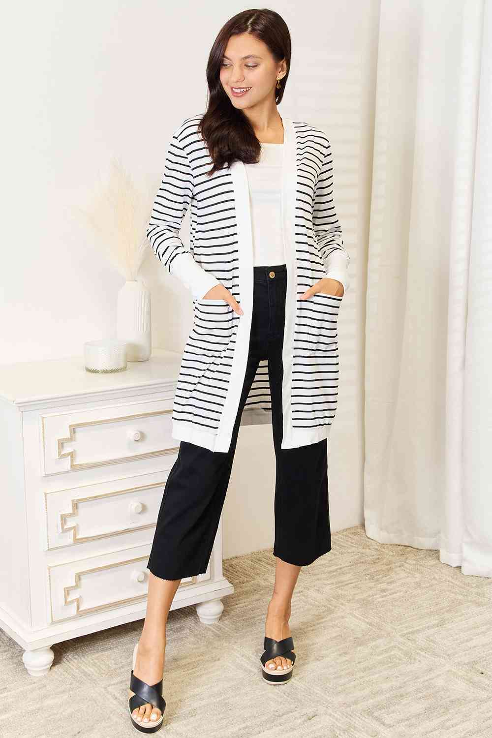 Double Take Striped Open Front Longline Women Cardigan