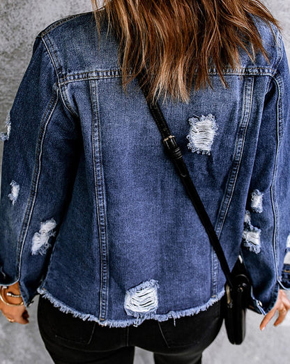 SYNZ Mixed Print Distressed Button Front Denim Women Jacket