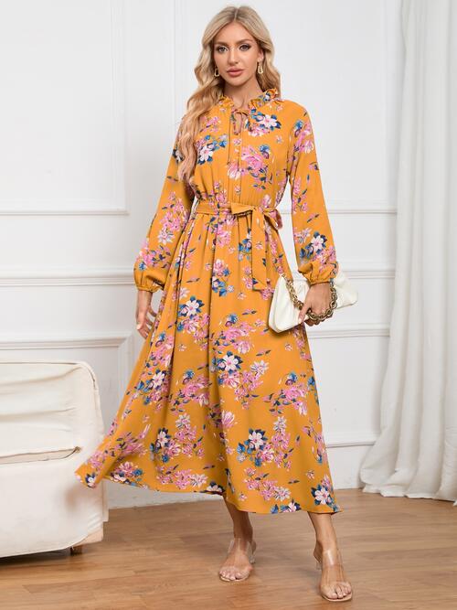 Floral Tie Front Balloon Sleeve Women Dress