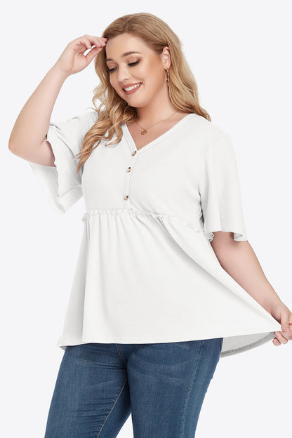 Plus Size Buttoned V-Neck Frill Trim Women Babydoll Blouse