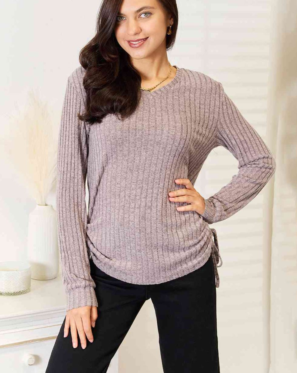 Double Take Drawstring Ribbed Long Sleeve Women T-Shirt