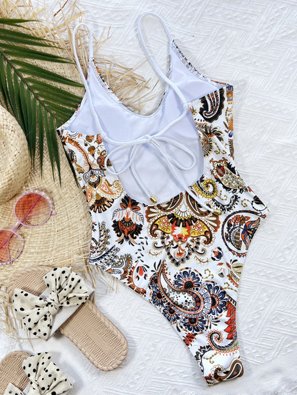 Printed Tie Back Scoop Neck One-Piece Swimsuit - Zara-Craft