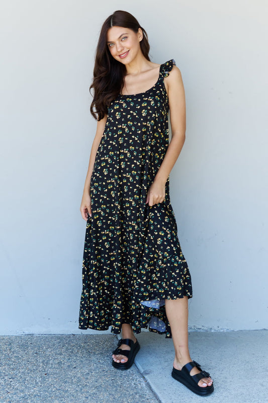 Doublju In The Garden Ruffle Floral Women Maxi Dress in  Black Yellow Floral