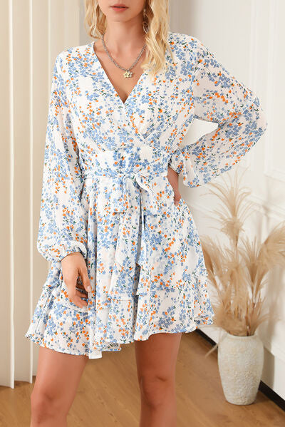 Printed Surplice Balloon Sleeve Women Mini Dress