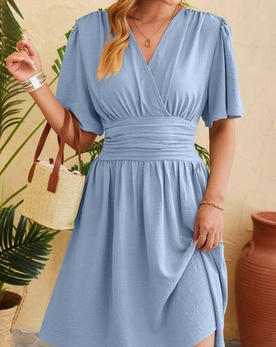 Ruched Surplice Short Sleeve Women Dress