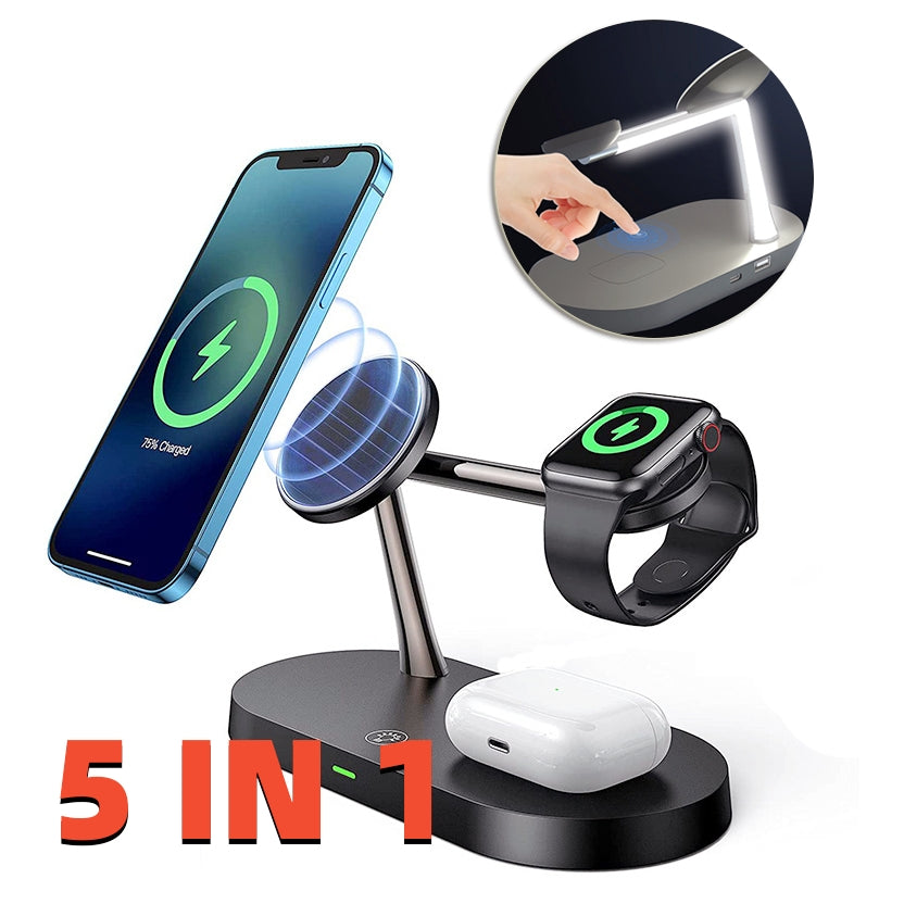 Multifunctional Five-In-One Magnetic Wireless Charging Watch Headset Desktop Mobile Phone Holder Charger 15W Fast Charge - Zara-Craft