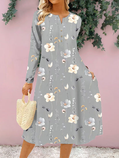 Floral Notched Long Sleeve Midi Women Dress