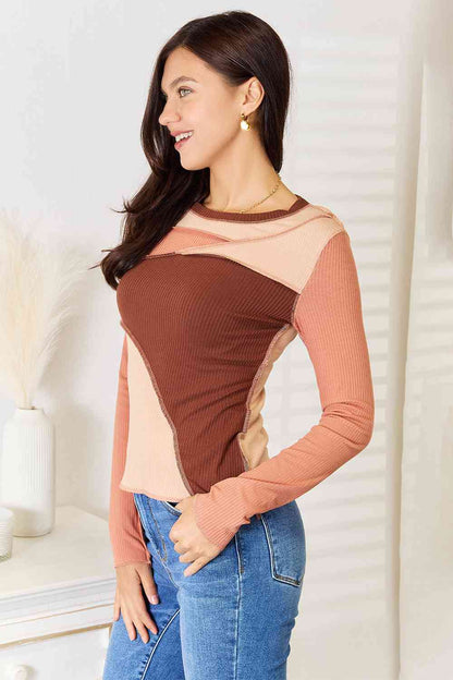 Double Take Color Block Exposed Seam Long Sleeve Women Top