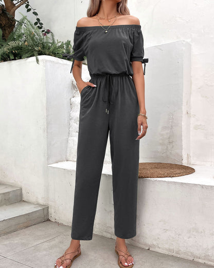 Off-Shoulder Tie Cuff Women Jumpsuit with Pockets