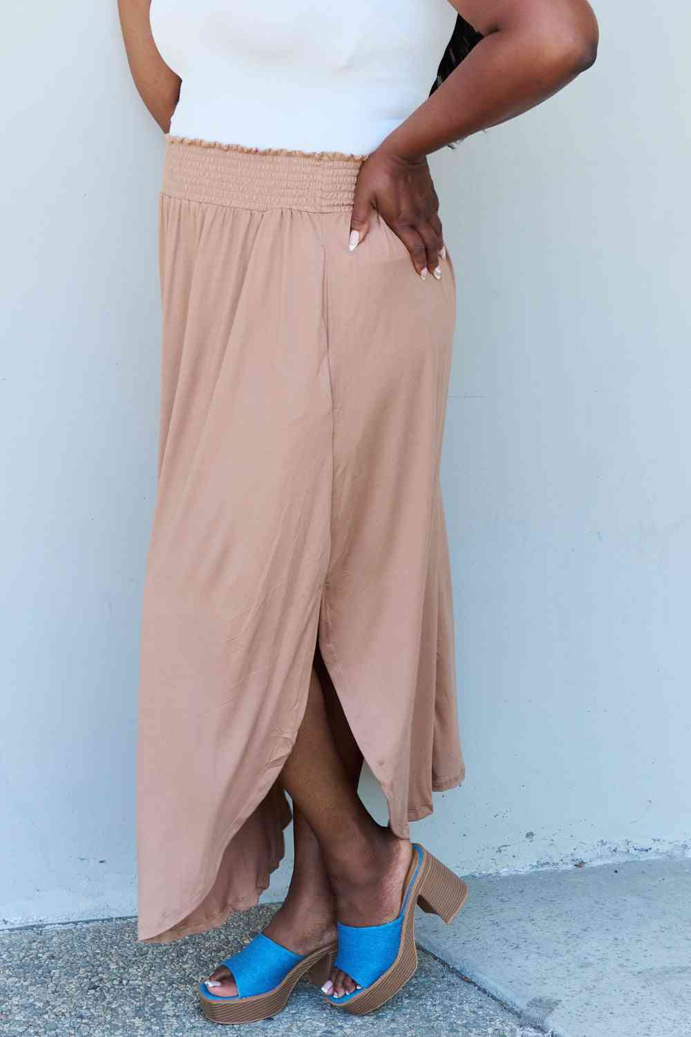 Doublju Comfort Princess Full Size High Waist Scoop Hem Women Maxi Skirt in Tan