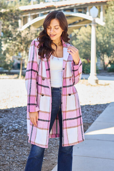 Double Take Full Size Plaid Button Up Lapel Women Collar Coat