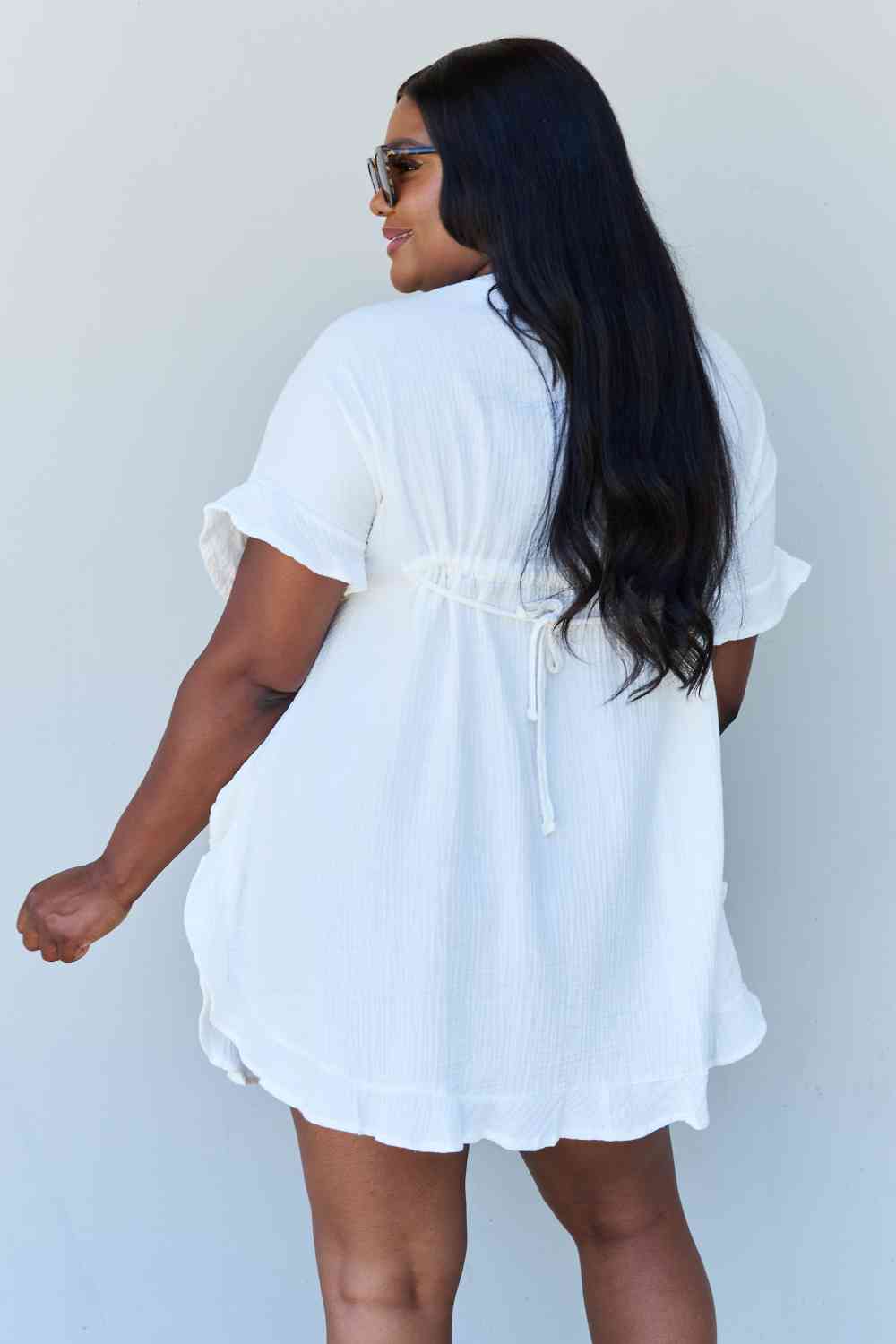 Ninexis Out Of Time Full Size Ruffle Hem Women Dress with Drawstring Waistband in White