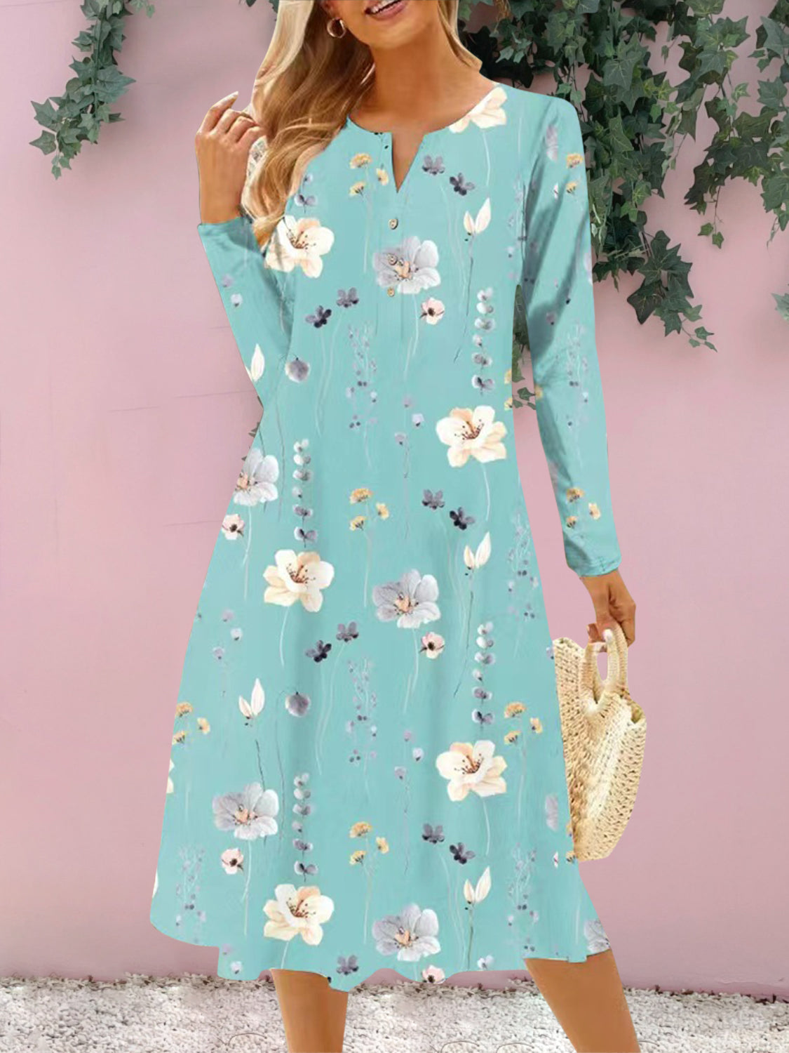 Floral Notched Long Sleeve Midi Women Dress