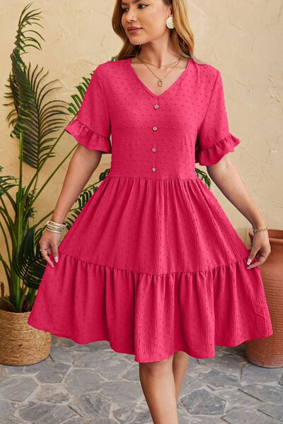 Swiss Dot Ruffled V-Neck Tiered Women Dress