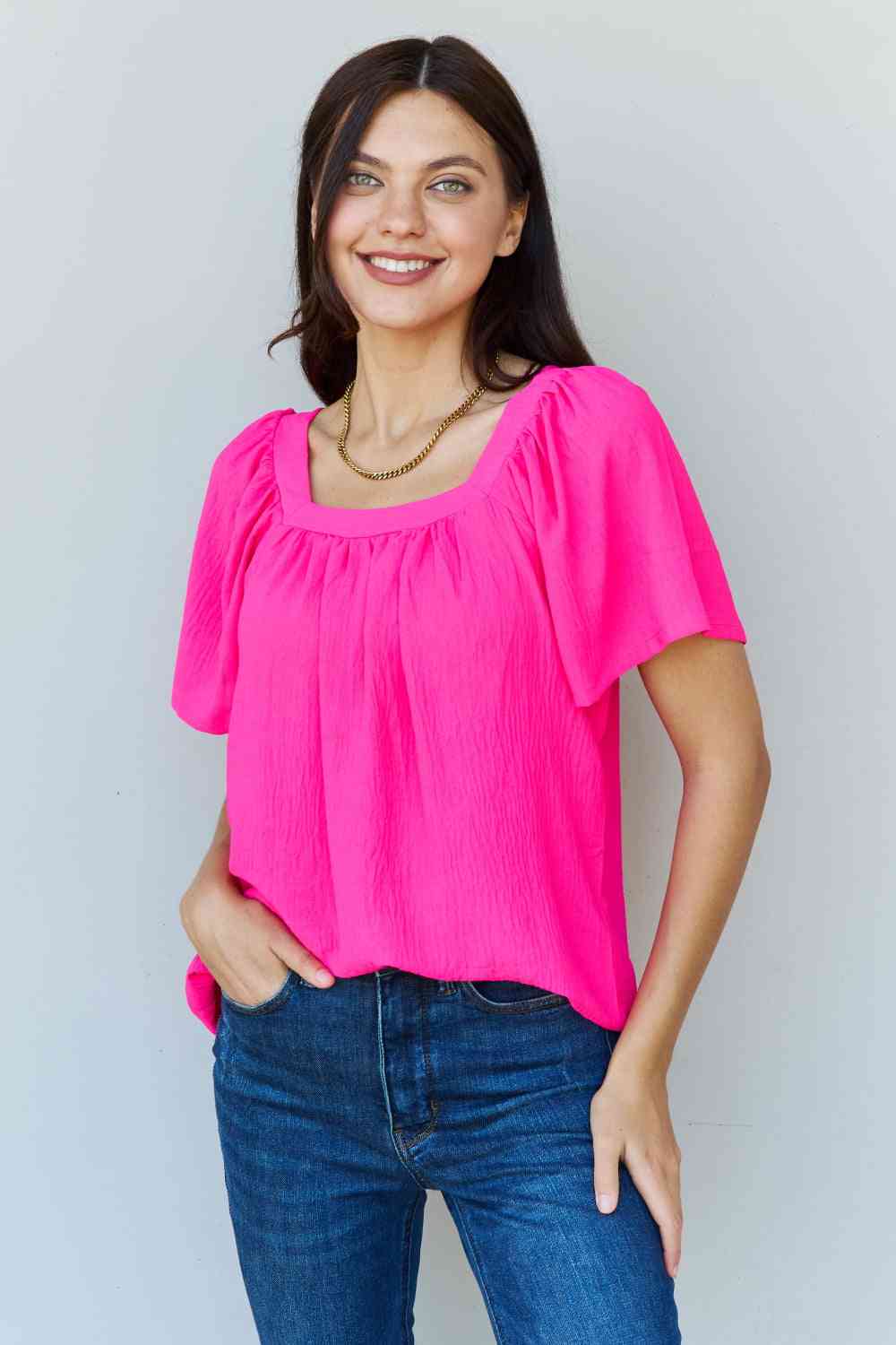 Ninexis Keep Me Close Square Neck Short Sleeve Women Blouse in Fuchsia