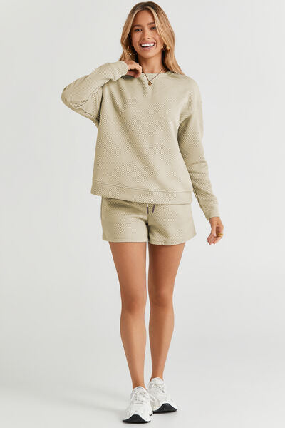 Double Take Full Size Texture Long Sleeve Women Top and Drawstring Shorts Set