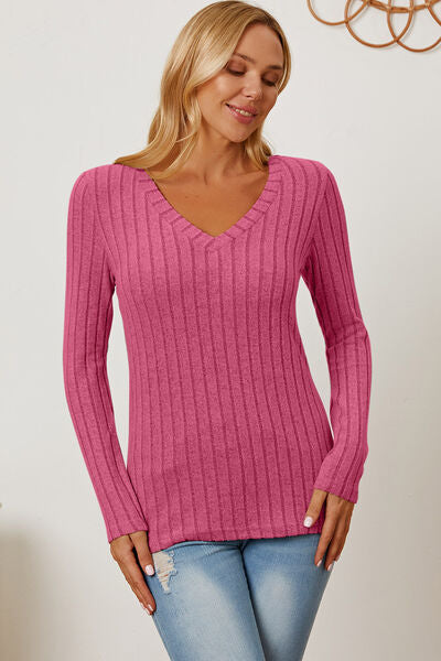 Basic Bae Full Size Ribbed V-Neck Long Sleeve Women T-Shirt