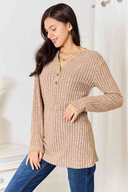 Double Take Notched Neck Ribbed Long Sleeve Women T-Shirt