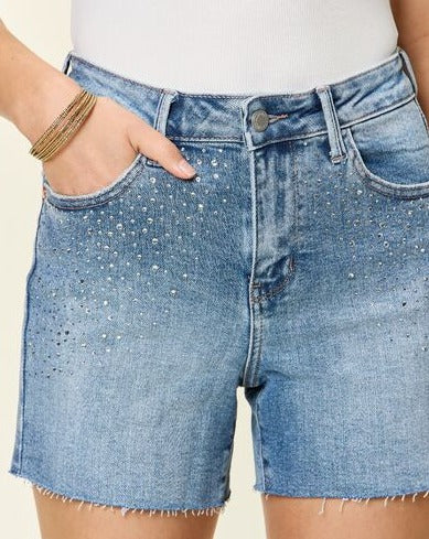 Judy Blue Full Size High Waist Rhinestone Decor Denim Women Shorts