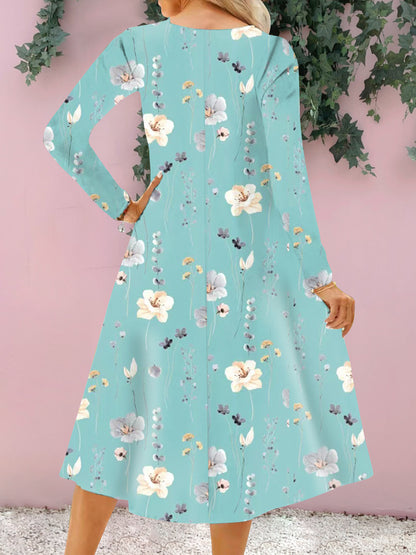 Floral Notched Long Sleeve Midi Women Dress