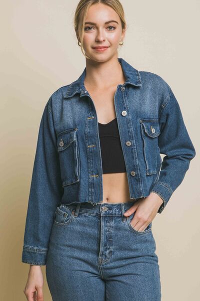 LOVE TREE Raw Hem Button Up Cropped Denim Women Jacket