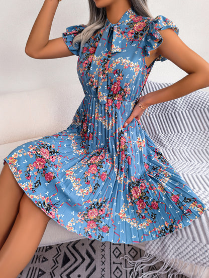 Pleated Floral Printed Tie Neck Knee Length Women Dress