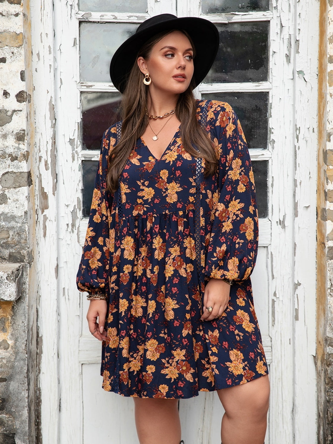 Plus Size Floral V-Neck Balloon Sleeve Women Dress