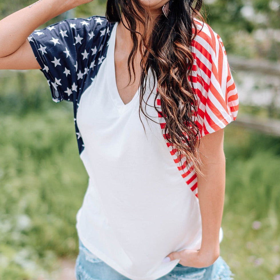 US Flag V-Neck Women Tee Shirt