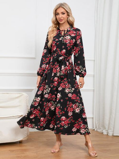 Floral Tie Front Balloon Sleeve Women Dress