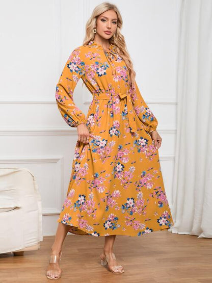 Floral Tie Front Balloon Sleeve Women Dress