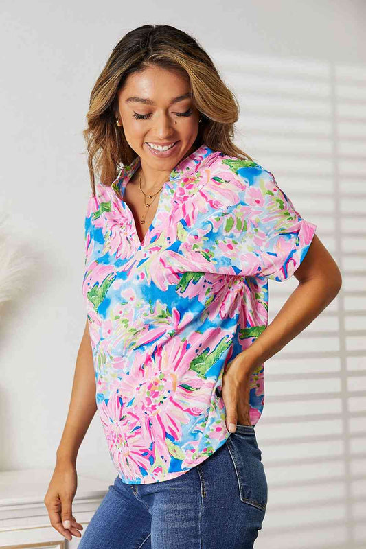 Double Take Floral Notched Neck Short Sleeve Women Top