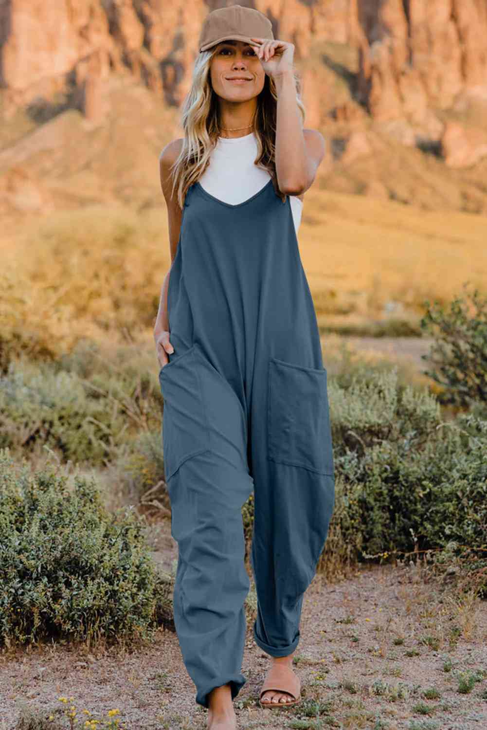 Double Take Full Size V-Neck Sleeveless Women Jumpsuit with Pockets