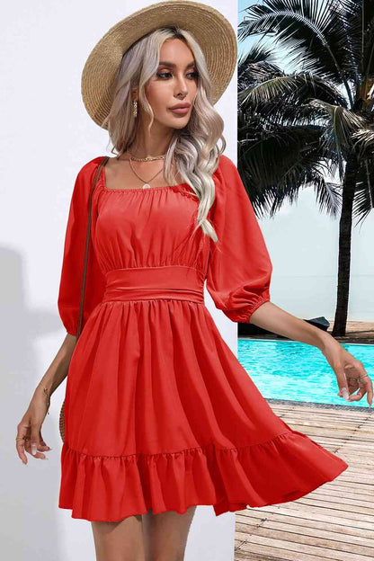 Square Necktie Back Ruffle Hem Women Dress