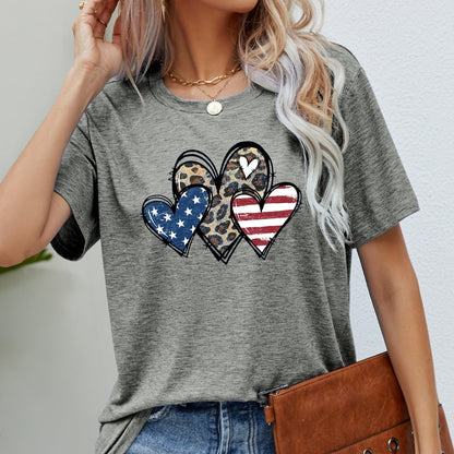 US Flag Leopard Heart Graphic Women Tee Shirt