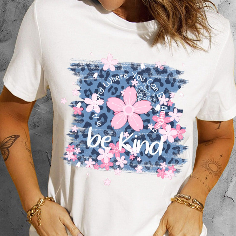 SYNZ Leopard Floral Graphic Round Neck Women T-Shirt