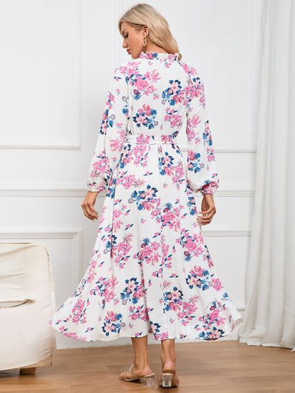 Floral Tie Front Balloon Sleeve Women Dress