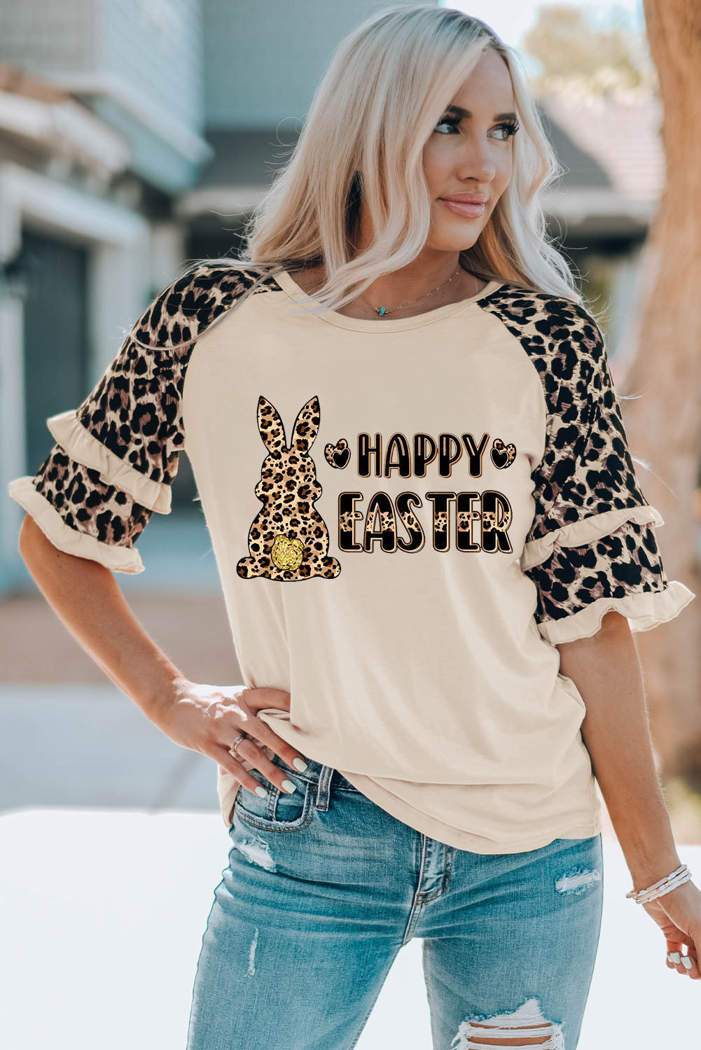 HAPPY EASTER Leopard Graphic Layered Sleeve Women T-Shirt