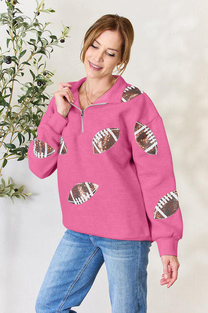 Double Take Full Size Sequin Football Half Zip Long Sleeve Women Sweatshirt