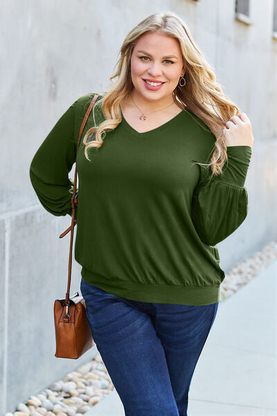 Basic Bae Full Size V-Neck Lantern Sleeve Women Blouse