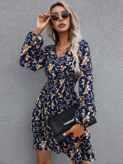 Floral Layered Surplice Balloon Sleeve Women Dress