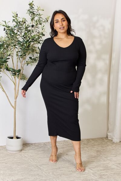 Culture Code Full Size Ribbed Long Sleeve Midi Slit Women Dress