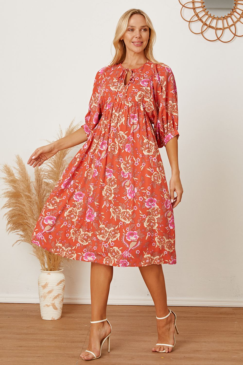 Floral Tie Neck Half Sleeve Women Dress