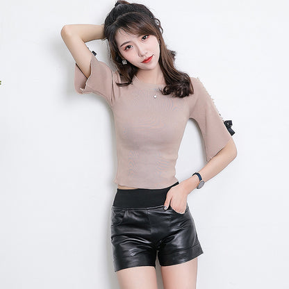 Autumn Sheepskin Women's Leather Shorts Straight Leg Pants High Waist Casual Pants - Zara-Craft