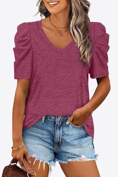 V-Neck Puff Sleeve Women T-Shirt