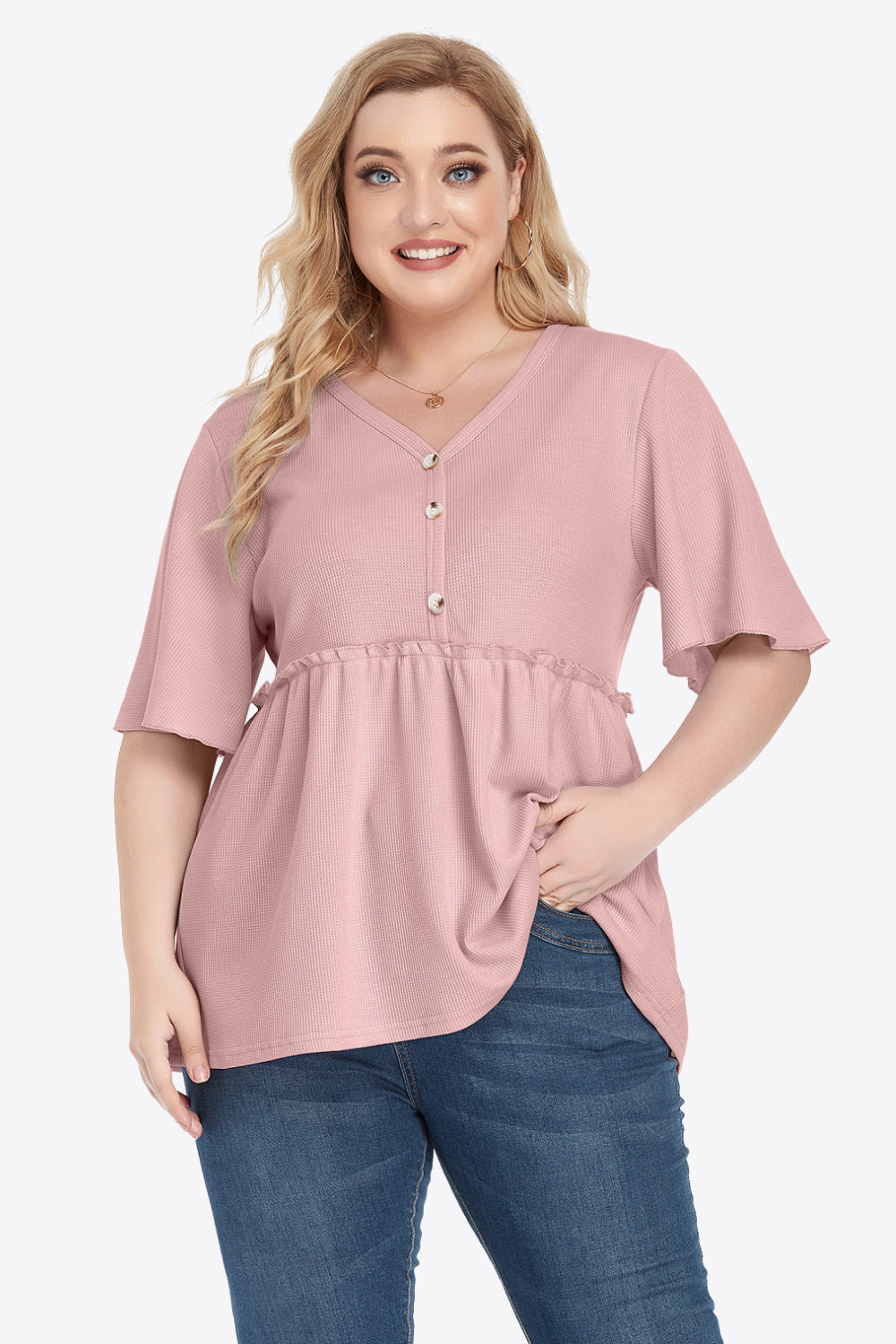 Plus Size Buttoned V-Neck Frill Trim Women Babydoll Blouse