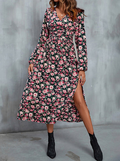 Floral V-Neck Slit Midi Women Dress