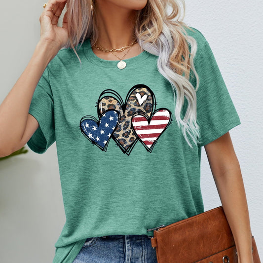 US Flag Leopard Heart Graphic Women Tee Shirt